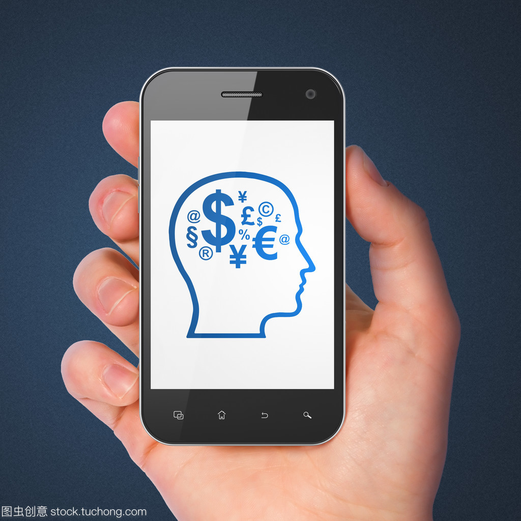 头与财务符号在智能手机上 数字时代的教育理念反思
